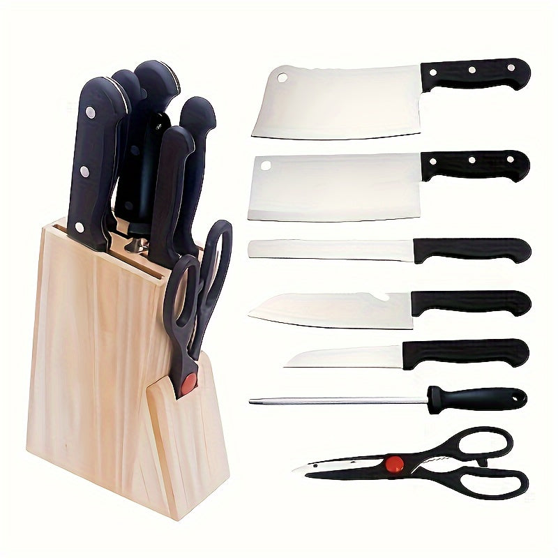 8/15pcs/set, Kitchen Knife Set, High-carbon Stainless-steel Blades Knives Set, Knife With Wood Block, Professional Knife With Black Handles For Home & Restaurant Use, Kitchen Stuff