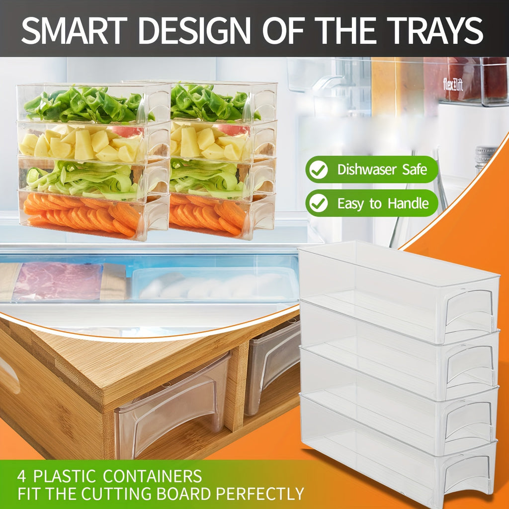 1 Set, Bamboo Cutting Board With 4 Containers, Large Chopping Board With Juice Grooves, Easy-grip Handles & Food Sliding Opening, Carving Board With Trays For Storage, Kitchen Stuff