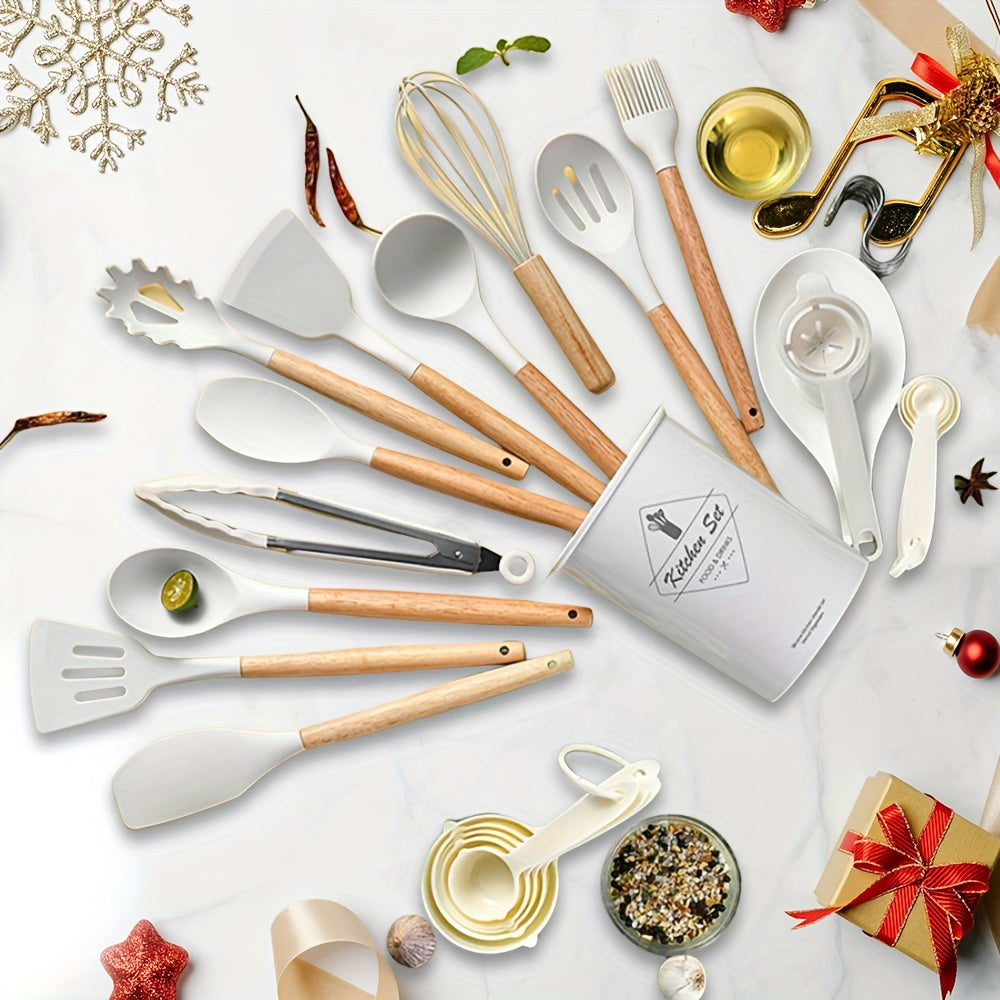 34pcs/set, Wooden Handle Silicone Kitchenware Set, Kitchen Baking Cooking Tools Set High Temperature Resistant Non-stick Pot Special Kitchenware, Kitchen Stuff Baking Supplies