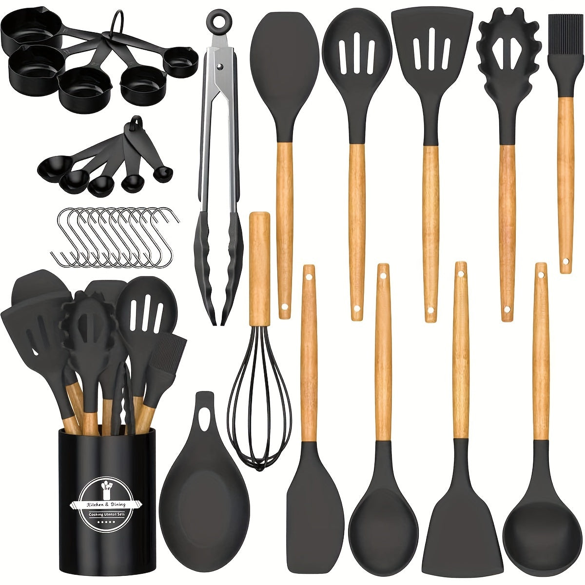 34pcs/Set, Heat Resistant Wooden Handle Silicone Kitchenware Non-stick Pot Cooking Safety Cooking Utensils Set, Non-Stick Cooking Utensils Set With Wooden Handle, Washable Modern Cookware, Kitchen Stuff, Kitchen Gadgets, Kitc