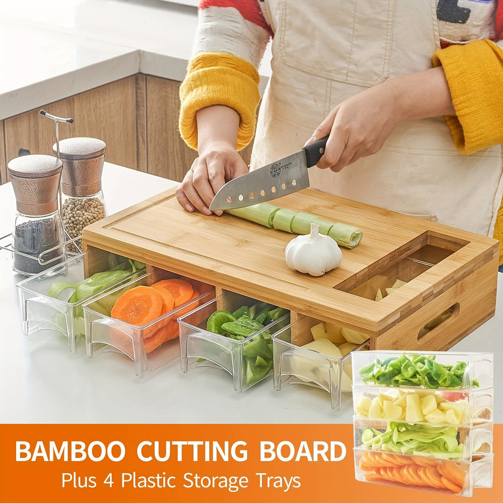 1 Set, Bamboo Cutting Board With 4 Containers, Large Chopping Board With Juice Grooves, Easy-grip Handles & Food Sliding Opening, Carving Board With Trays For Storage, Kitchen Stuff