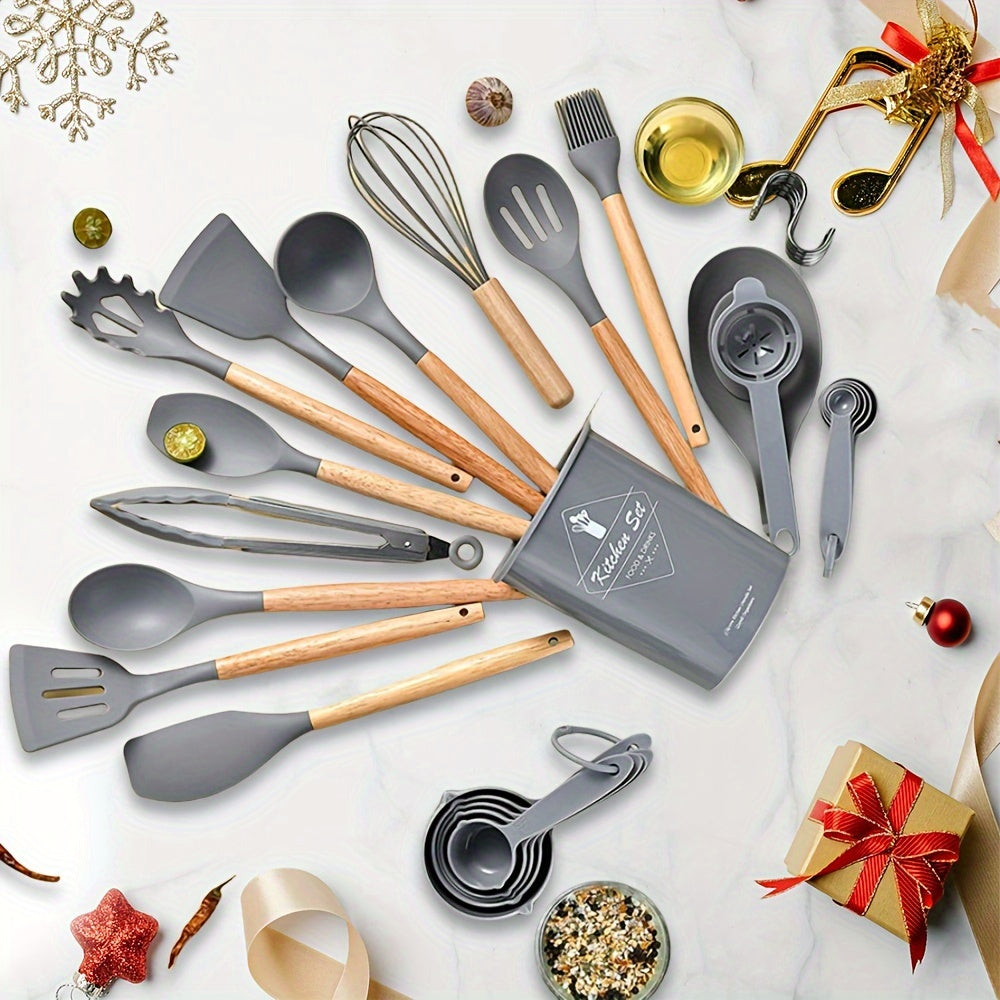 34pcs/set, Wooden Handle Silicone Kitchenware Set, Kitchen Baking Cooking Tools Set High Temperature Resistant Non-stick Pot Special Kitchenware, Kitchen Stuff Baking Supplies