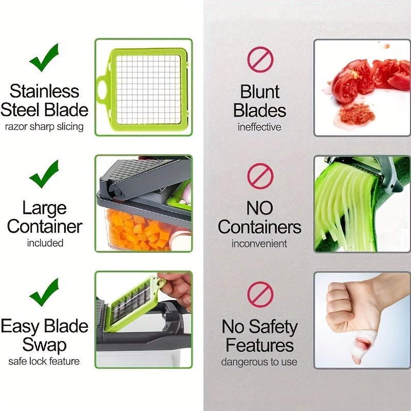 15pcs/ set, Upgraded Vegetable Chopper, Multifunctional Fruit Slicer, Handle Food Grater, Vegetable Slicer, Cutter with Container, Onion Mincer Chopper with Multiple Interchangeable Blades, Household Potato Shredder, Kitchen