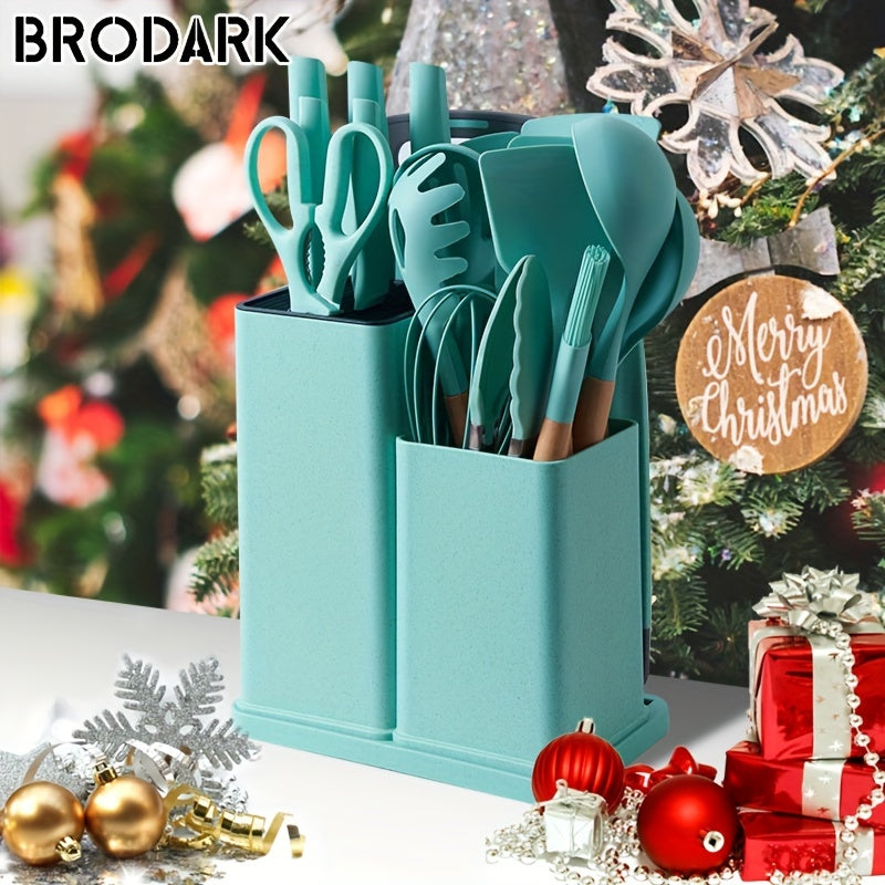 1 Set Kitchen Utensil Set, Silicone Cookware Set, 19pcs Silicone Kitchen Utensil Set, Wooden Cooking Utensils, Kitchen Gadgets, Silicone Cutlery Set, Kitchen Tools With Storage Bucket, Kitchen Stuff