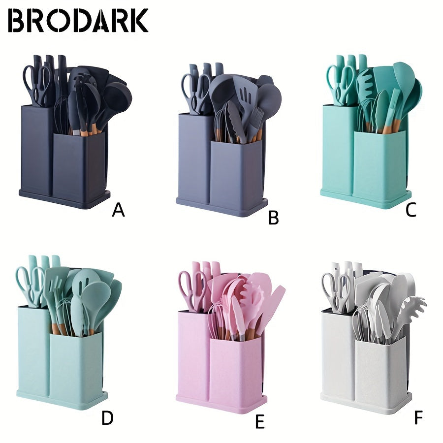 1 Set Kitchen Utensil Set, Silicone Cookware Set, 19pcs Silicone Kitchen Utensil Set, Wooden Cooking Utensils, Kitchen Gadgets, Silicone Cutlery Set, Kitchen Tools With Storage Bucket, Kitchen Stuff