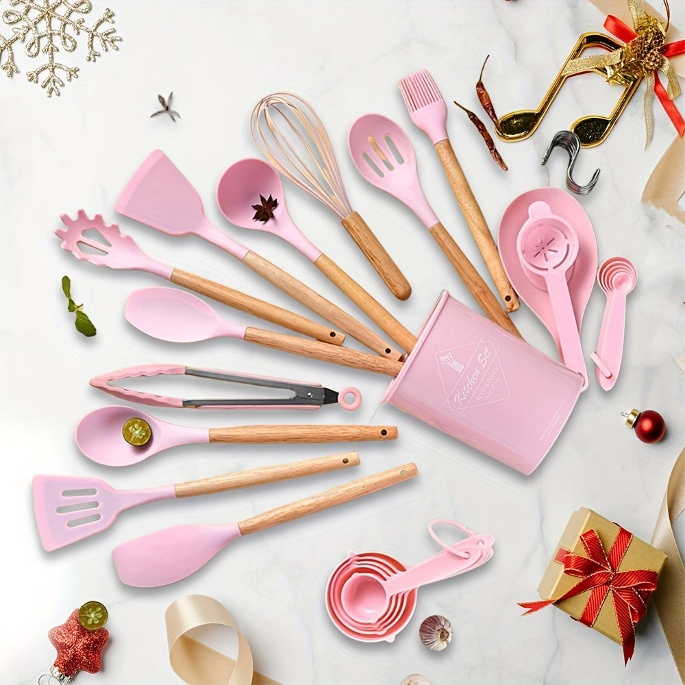 34pcs/set, Wooden Handle Silicone Kitchenware Set, Kitchen Baking Cooking Tools Set High Temperature Resistant Non-stick Pot Special Kitchenware, Kitchen Stuff Baking Supplies