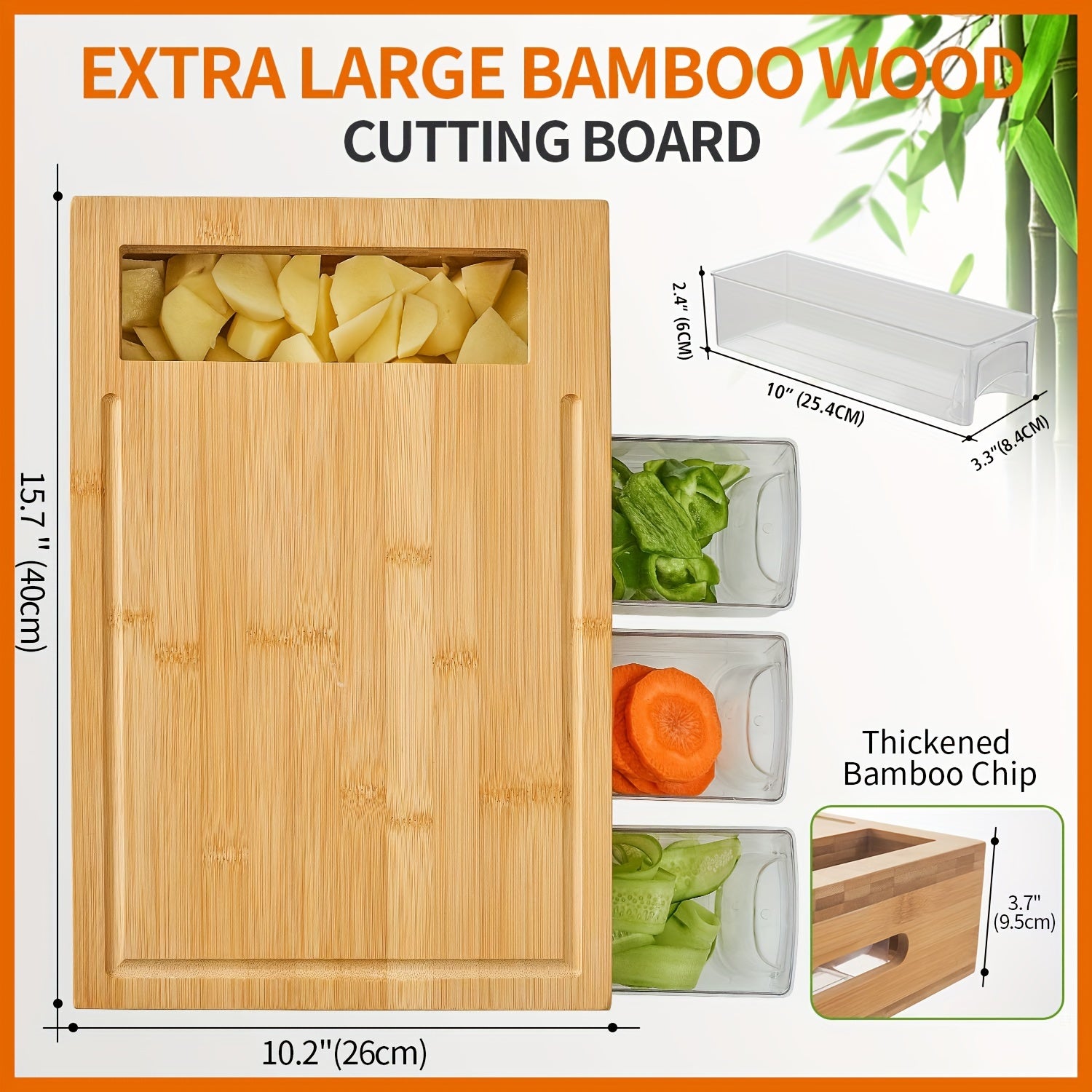 1 Set, Bamboo Cutting Board With 4 Containers, Large Chopping Board With Juice Grooves, Easy-grip Handles & Food Sliding Opening, Carving Board With Trays For Storage, Kitchen Stuff