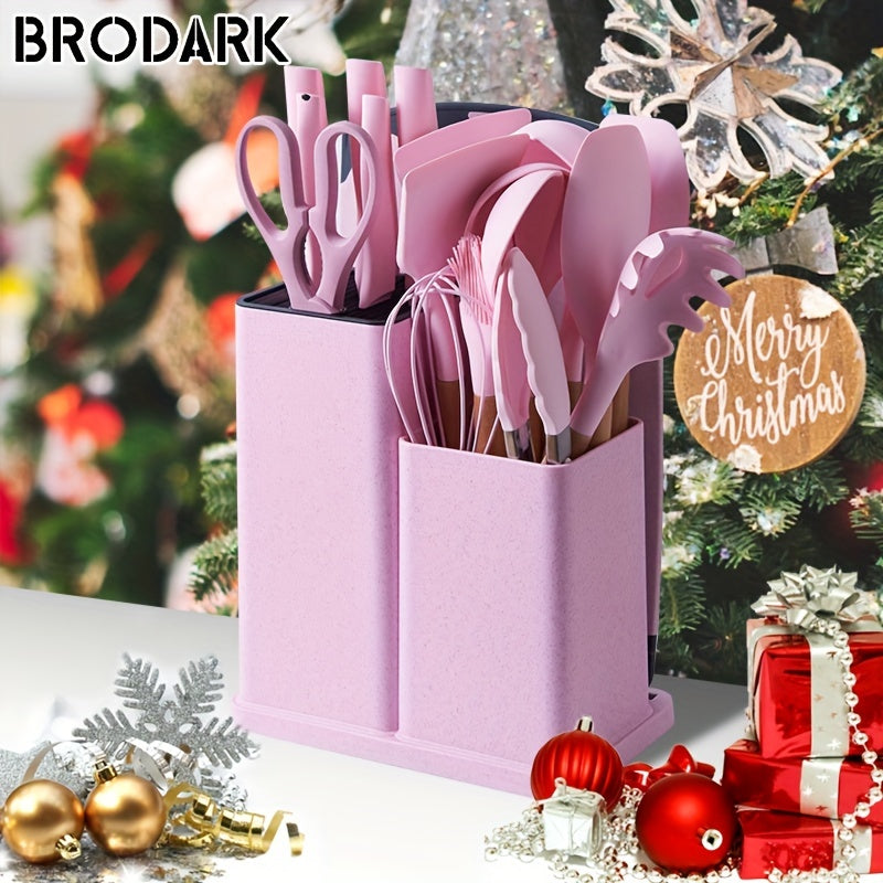 1 Set Kitchen Utensil Set, Silicone Cookware Set, 19pcs Silicone Kitchen Utensil Set, Wooden Cooking Utensils, Kitchen Gadgets, Silicone Cutlery Set, Kitchen Tools With Storage Bucket, Kitchen Stuff