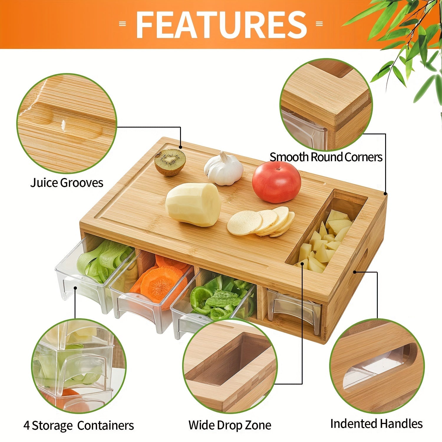 1 Set, Bamboo Cutting Board With 4 Containers, Large Chopping Board With Juice Grooves, Easy-grip Handles & Food Sliding Opening, Carving Board With Trays For Storage, Kitchen Stuff