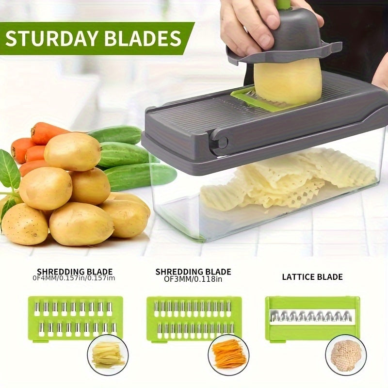 15pcs/ set, Upgraded Vegetable Chopper, Multifunctional Fruit Slicer, Handle Food Grater, Vegetable Slicer, Cutter with Container, Onion Mincer Chopper with Multiple Interchangeable Blades, Household Potato Shredder, Kitchen