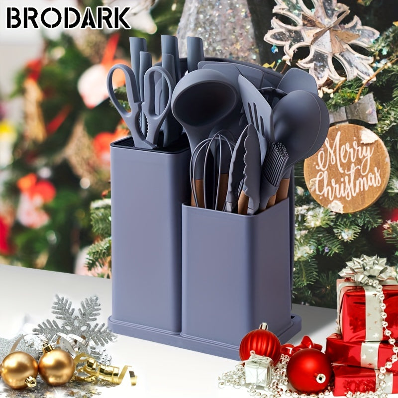 1 Set Kitchen Utensil Set, Silicone Cookware Set, 19pcs Silicone Kitchen Utensil Set, Wooden Cooking Utensils, Kitchen Gadgets, Silicone Cutlery Set, Kitchen Tools With Storage Bucket, Kitchen Stuff