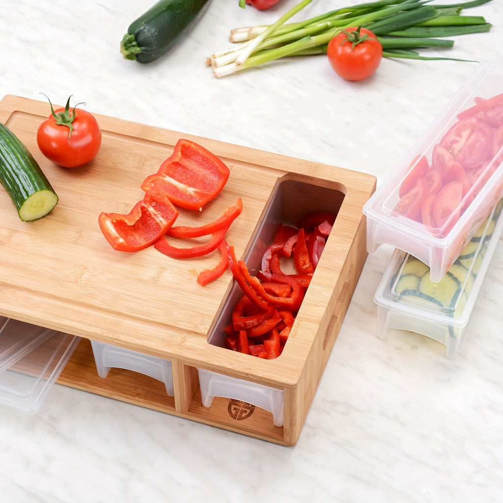 1 Set, Bamboo Cutting Board With 4 Containers, Large Chopping Board With Juice Grooves, Easy-grip Handles & Food Sliding Opening, Carving Board With Trays For Storage, Kitchen Stuff