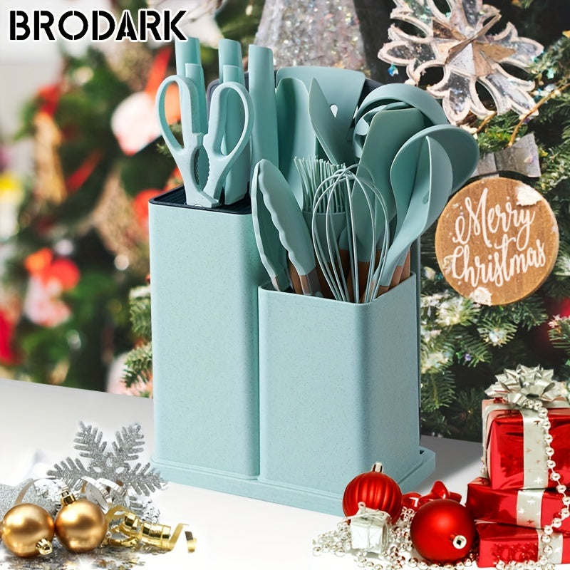 1 Set Kitchen Utensil Set, Silicone Cookware Set, 19pcs Silicone Kitchen Utensil Set, Wooden Cooking Utensils, Kitchen Gadgets, Silicone Cutlery Set, Kitchen Tools With Storage Bucket, Kitchen Stuff