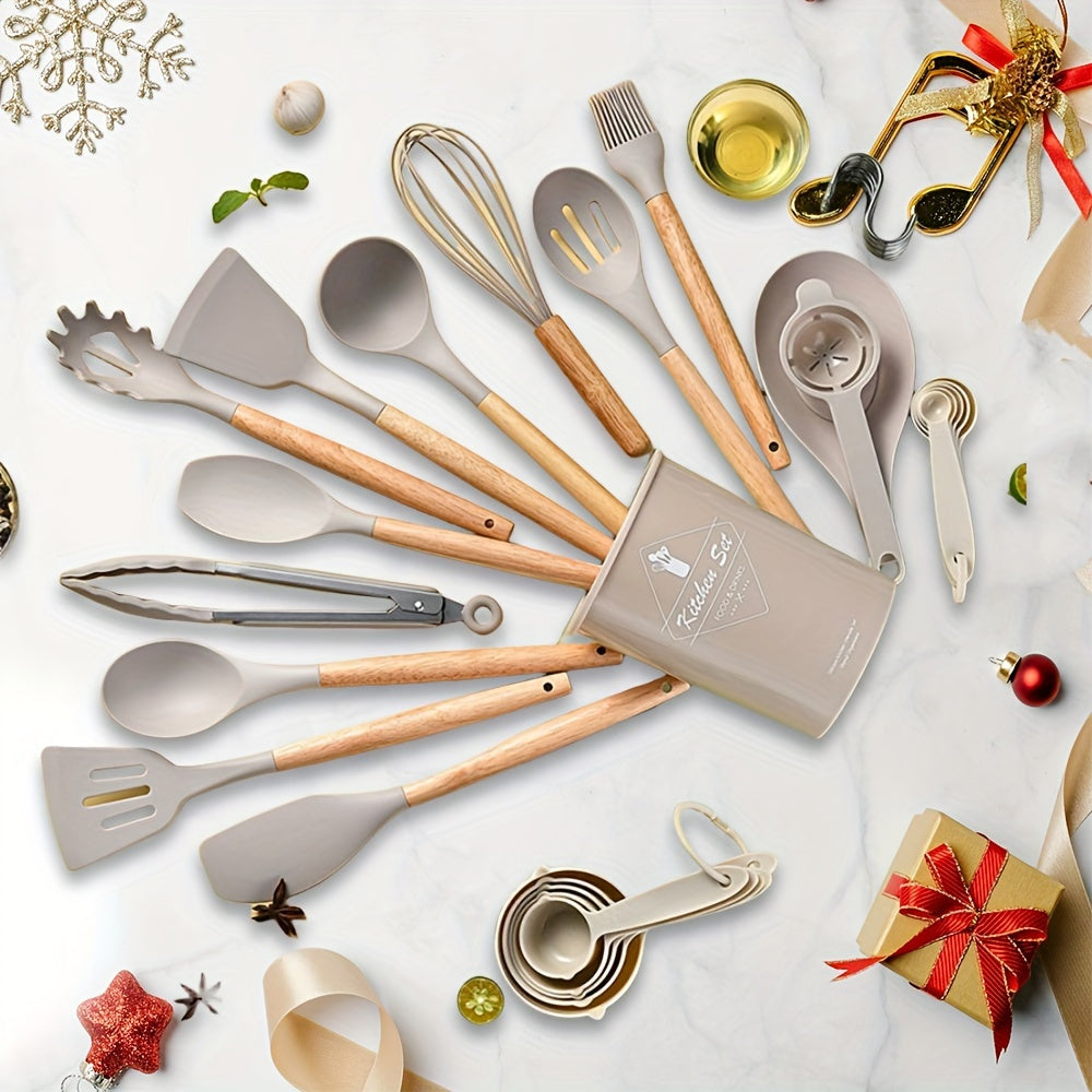 34pcs/set, Wooden Handle Silicone Kitchenware Set, Kitchen Baking Cooking Tools Set High Temperature Resistant Non-stick Pot Special Kitchenware, Kitchen Stuff Baking Supplies