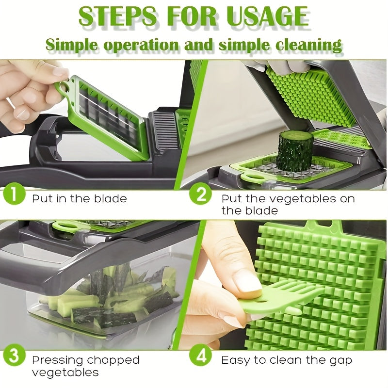 15pcs/ set, Upgraded Vegetable Chopper, Multifunctional Fruit Slicer, Handle Food Grater, Vegetable Slicer, Cutter with Container, Onion Mincer Chopper with Multiple Interchangeable Blades, Household Potato Shredder, Kitchen