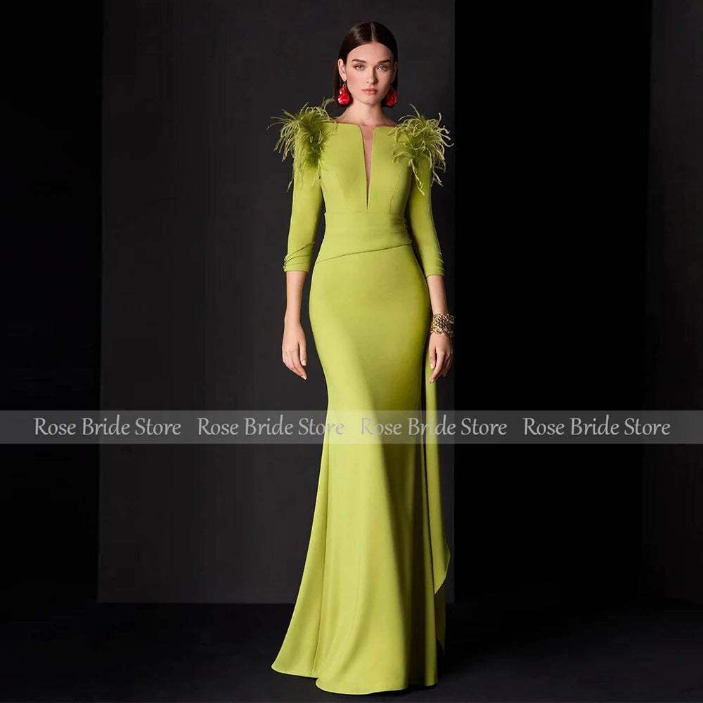 Customized Wedding Guest Dresses for Women Green Feather Ruffles Button Formal Evening Gown Mermaid Deep V Neck Party Dress Long