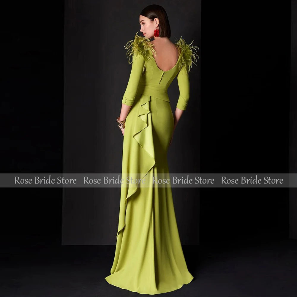 Customized Wedding Guest Dresses for Women Green Feather Ruffles Button Formal Evening Gown Mermaid Deep V Neck Party Dress Long