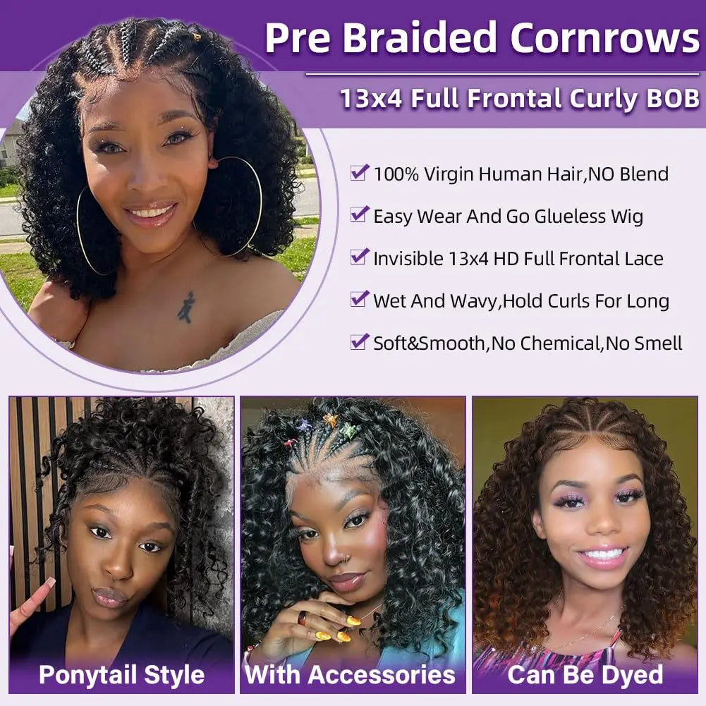 Curly Bob Wig Human Hair 13x4 Lace Front Wigs For Black Women Human Hair Quickwig Braided Wigs Pre Braided Handmade Cornrow Wigs