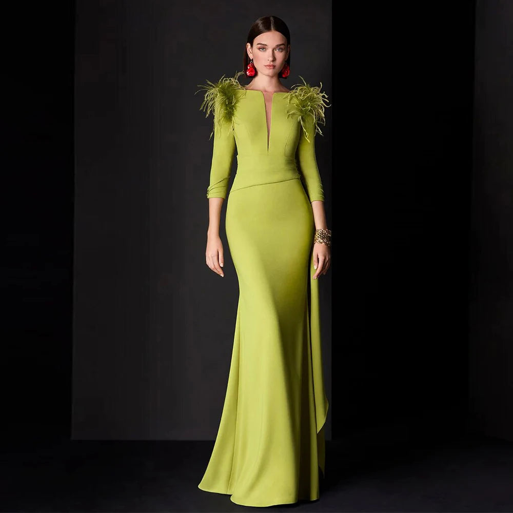 Customized Wedding Guest Dresses for Women Green Feather Ruffles Button Formal Evening Gown Mermaid Deep V Neck Party Dress Long