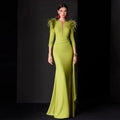 Customized Wedding Guest Dresses for Women Green Feather Ruffles Button Formal Evening Gown Mermaid Deep V Neck Party Dress Long