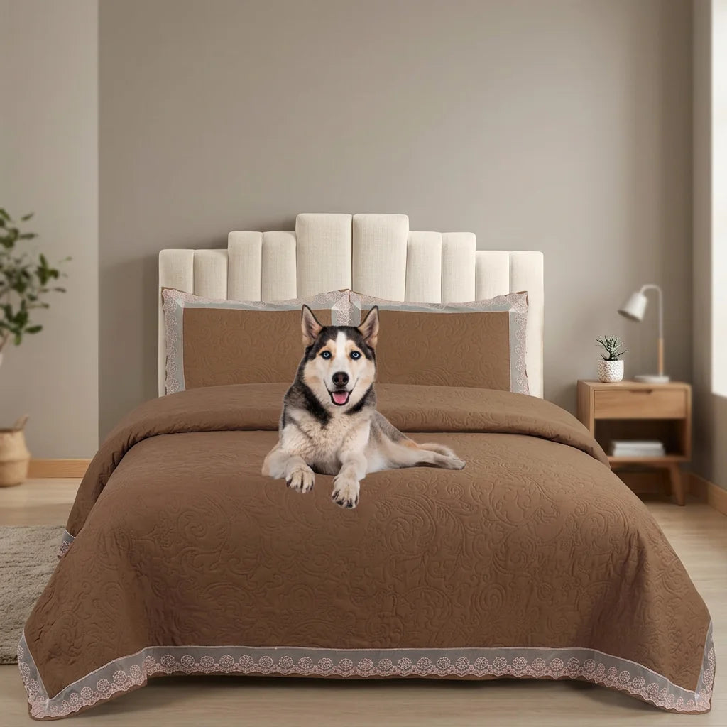 ELEGATE 3-Piece Sheet & Pillowcase Set with Discreet Ruffle Design Solid Pattern-Mexico Origin 180*220 Cafe