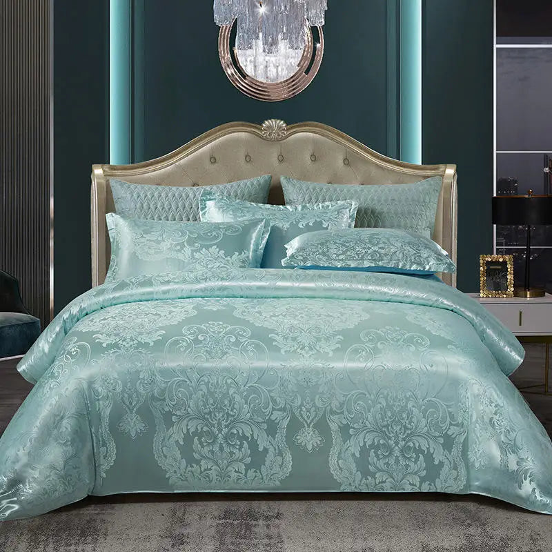 High Quality European Style Luxury Silky Bedspread Queen Bed Skirt Bed Sheets Set with Pillowcase Duvet Cover Sets