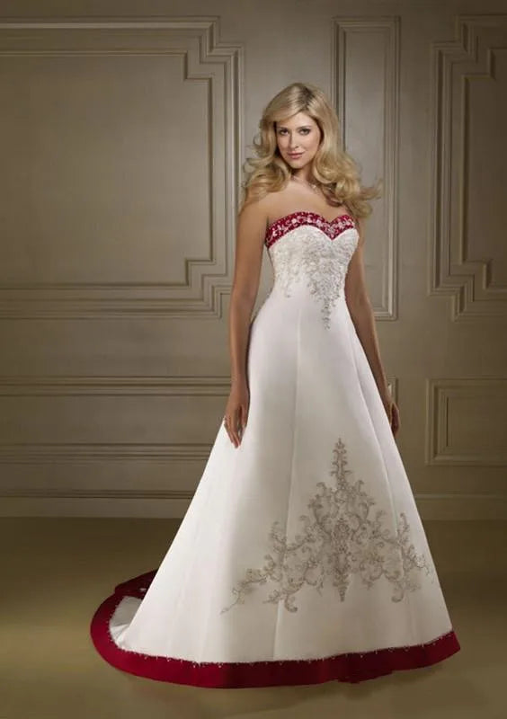 Red And White Satin Embroidery Wedding Dresses customsized retro Strapless Lace Up Court Train country Bridal Gowns vestidos