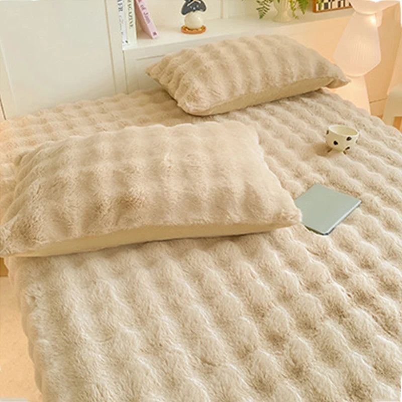 Winter Solid Color High Elasticity 360° All-Around Wrapping Coverage Rabbit Fur Bubble Fitted Bed Sheets Bedding Sheet Bedskirt