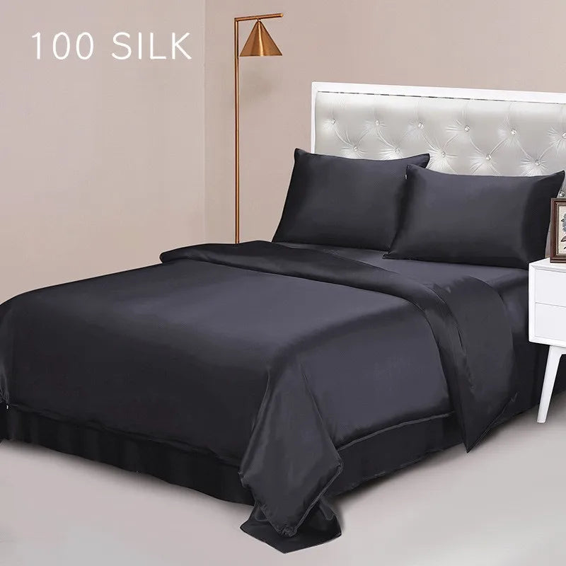 Multiple Colors Available 22 Momme 100% Mulberry Silk Bedding Set Wide Width Seamless Four-Piece Silk Duvet Cover Bed Sheet