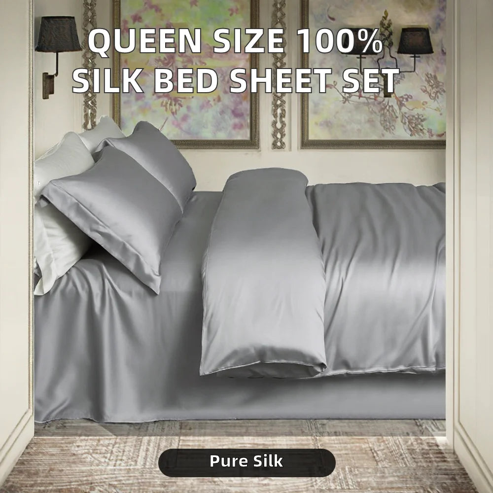 100% Mulberry Silk Fitted Bed Sheet Set Queen Size Plain for Certified A Silk Bedding All-Season