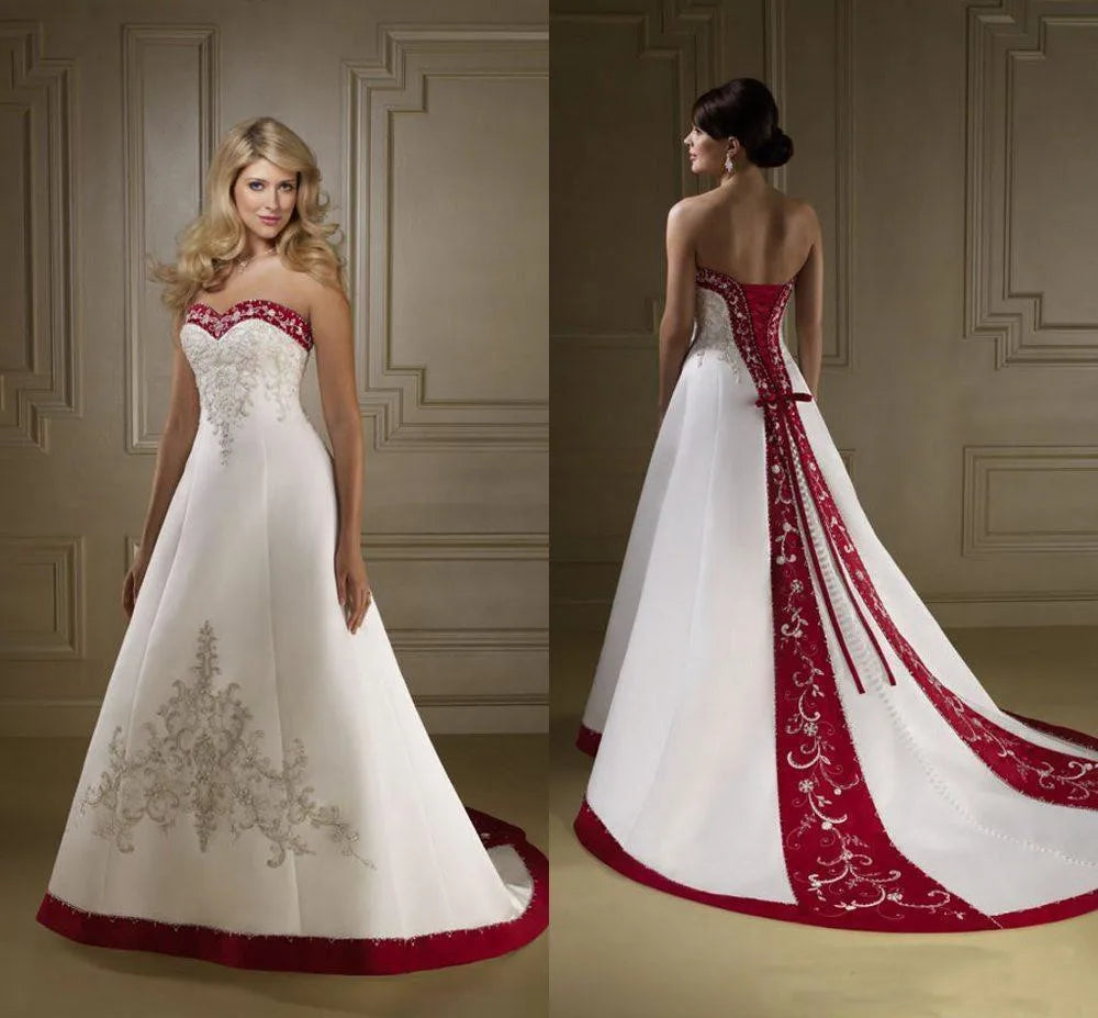Red And White Satin Embroidery Wedding Dresses customsized retro Strapless Lace Up Court Train country Bridal Gowns vestidos