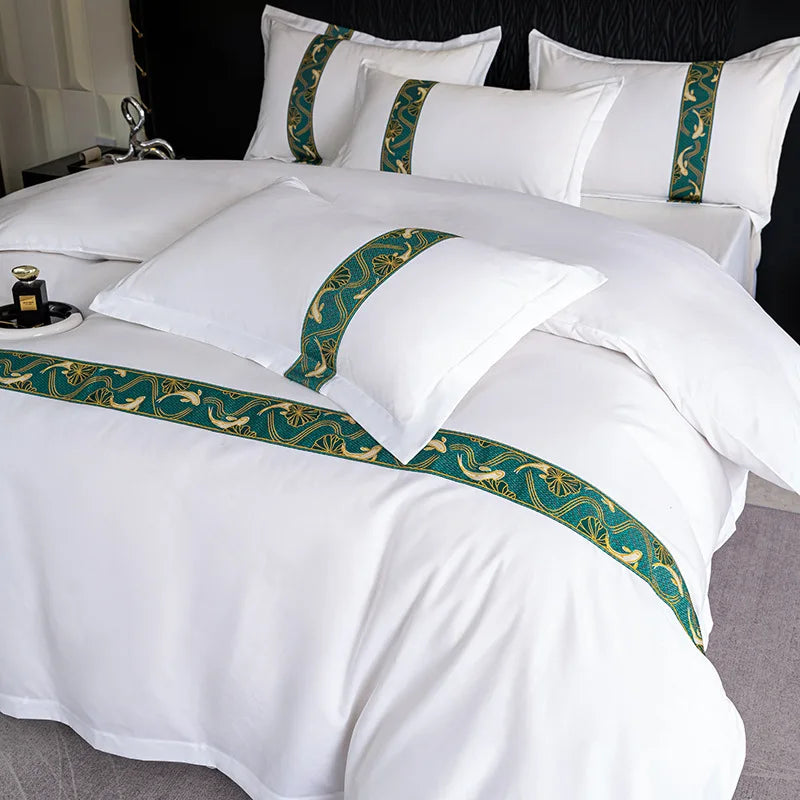 5 Star Hotel Luxury Hotel 300tc Bedding Set 100% Cotton Sateen Jacquard Ribbon Embroidery Bed Soft Solid White Duvet Cover Set
