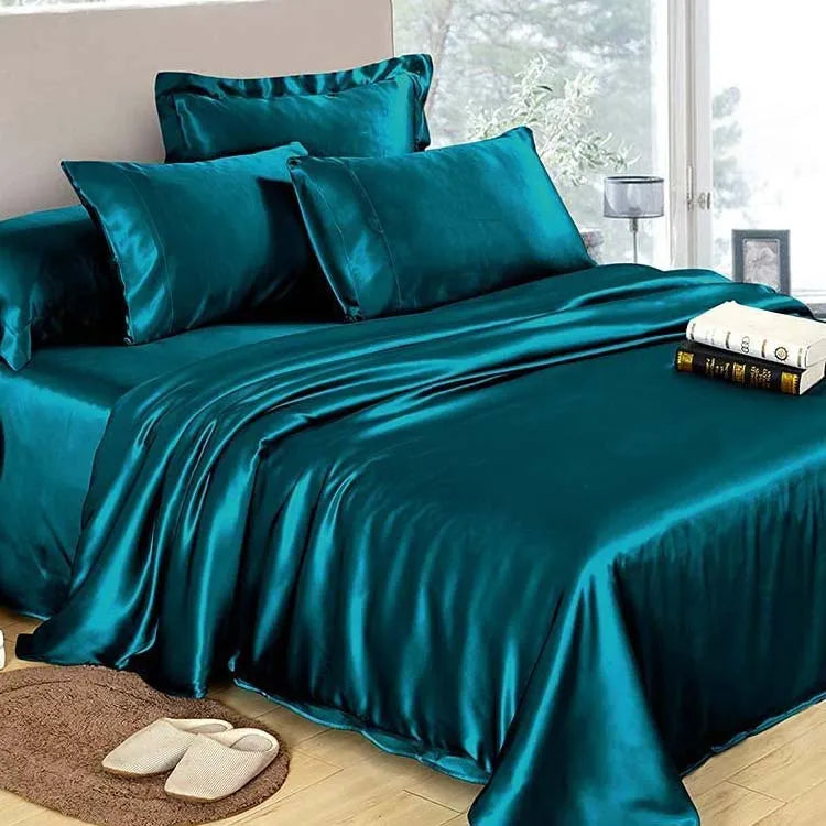 Multiple Colors Available 22 Momme 100% Mulberry Silk Bedding Set Wide Width Seamless Four-Piece Silk Duvet Cover Bed Sheet