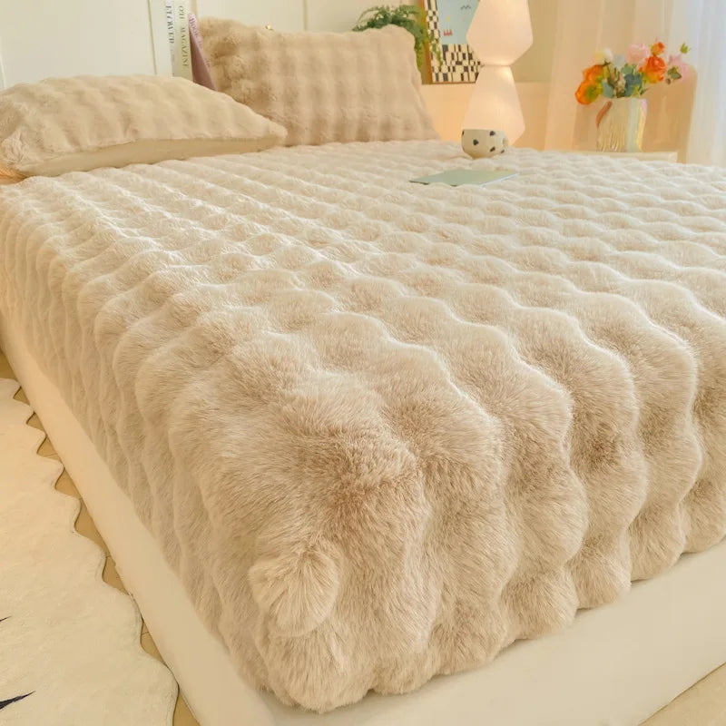 Winter Solid Color High Elasticity 360° All-Around Wrapping Coverage Rabbit Fur Bubble Fitted Bed Sheets Bedding Sheet Bedskirt