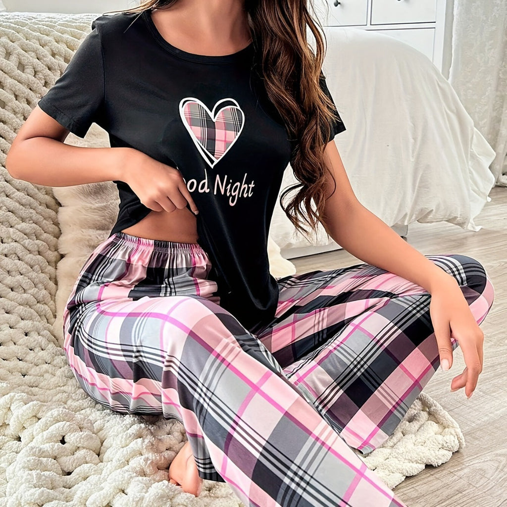 Cross-border Women's New Foreign Trade Casual Home Clothes Love Plaid Short-sleeved Pajamas Pants Two-piece Set Comfortable suit