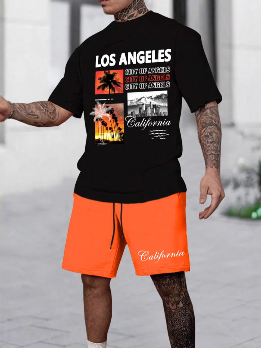 Summer American Men's Sports Casual Comfortable Sports Suit T-Shirt Shorts Two-Piece Trendy Set