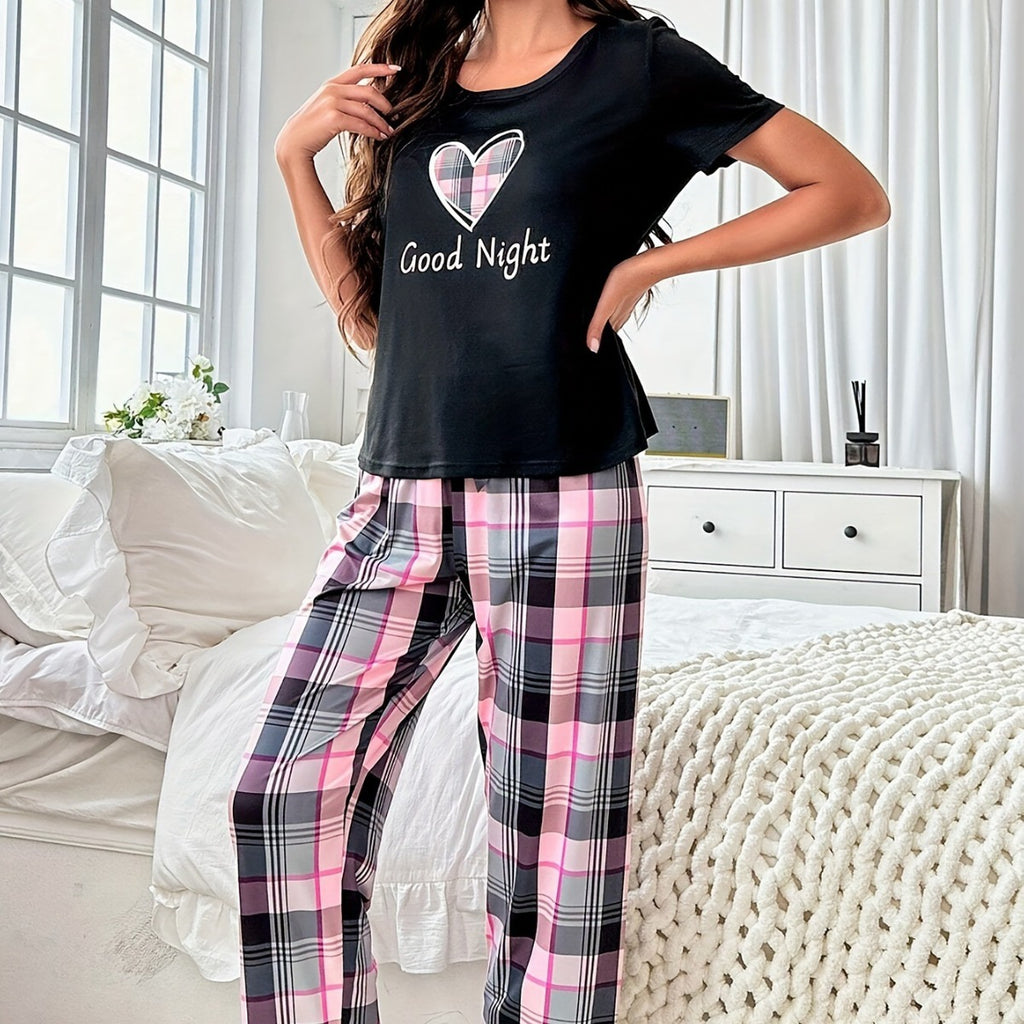 Cross-border Women's New Foreign Trade Casual Home Clothes Love Plaid Short-sleeved Pajamas Pants Two-piece Set Comfortable suit