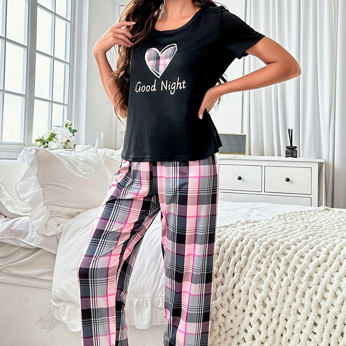 Cross-border Women's New Foreign Trade Casual Home Clothes Love Plaid Short-sleeved Pajamas Pants Two-piece Set Comfortable suit