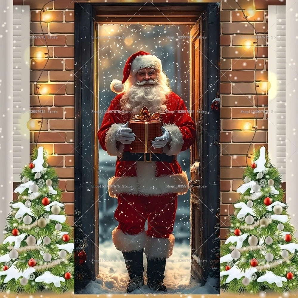 Merry Christmas Santa Claus Trees Decor Door Banner Photography Backdrop Indoor Outdoor Wall Porch Background Party Supplies