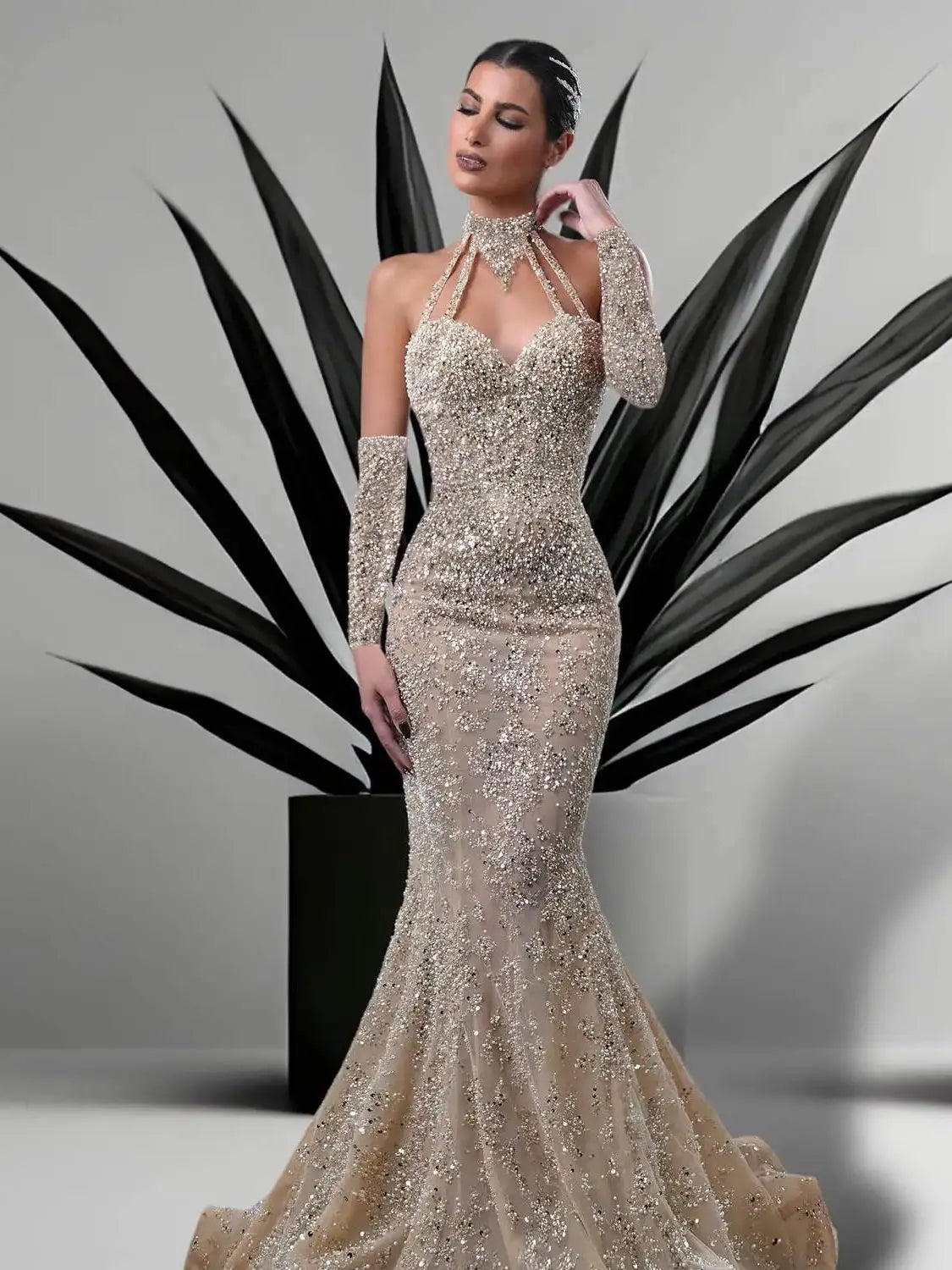 Bling Sequins Wedding Dresses Mermaid Sweetheart Sequins Floor-Length Detachable Train Princess Bride Wedding Dresses Customized