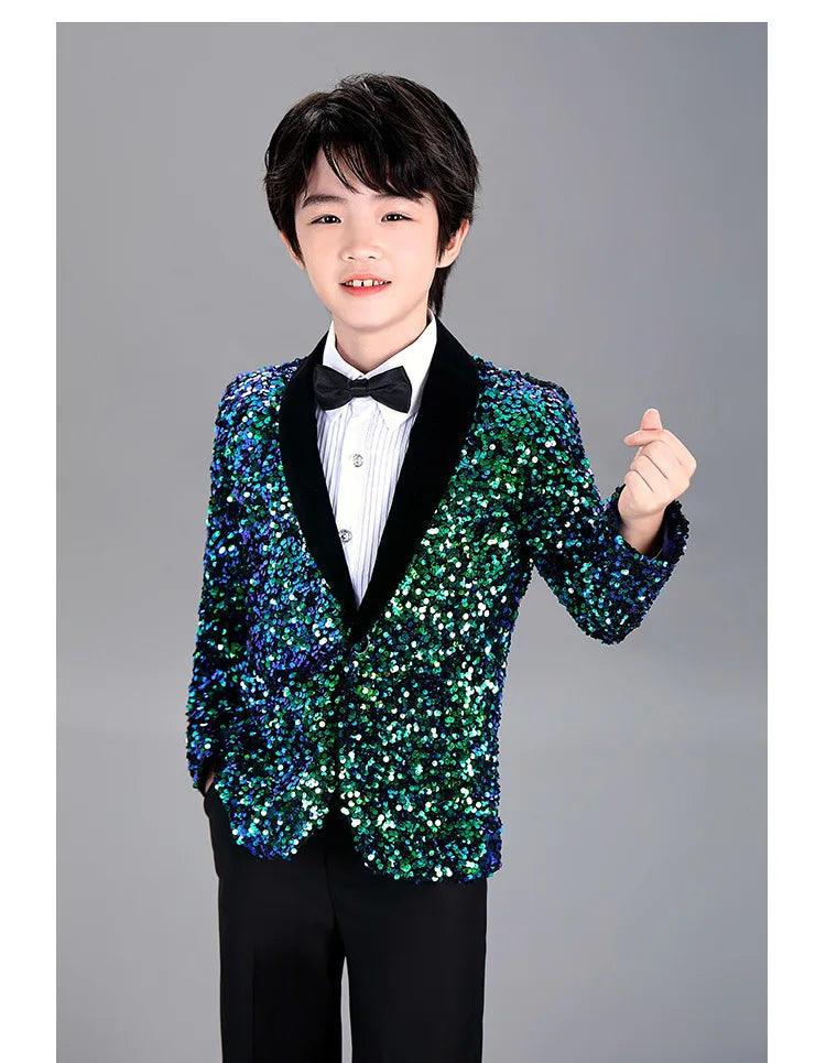 Men Prom Suit Child Solid Discoloration Sequins Gown Boy Catwalk Piano Performance Little Host Suit Perform Suits