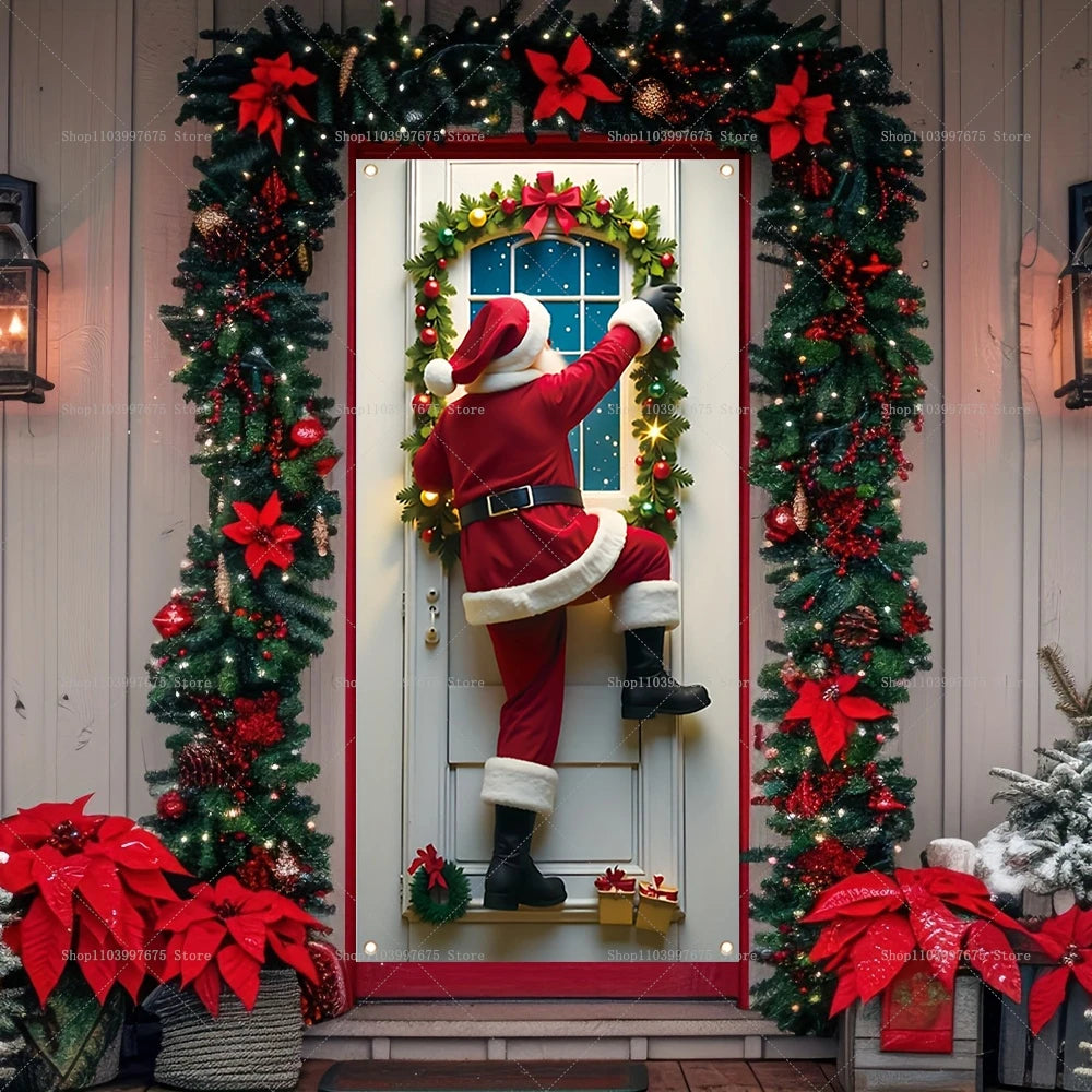 Merry Christmas Santa Claus Trees Decor Door Banner Photography Backdrop Indoor Outdoor Wall Porch Background Party Supplies