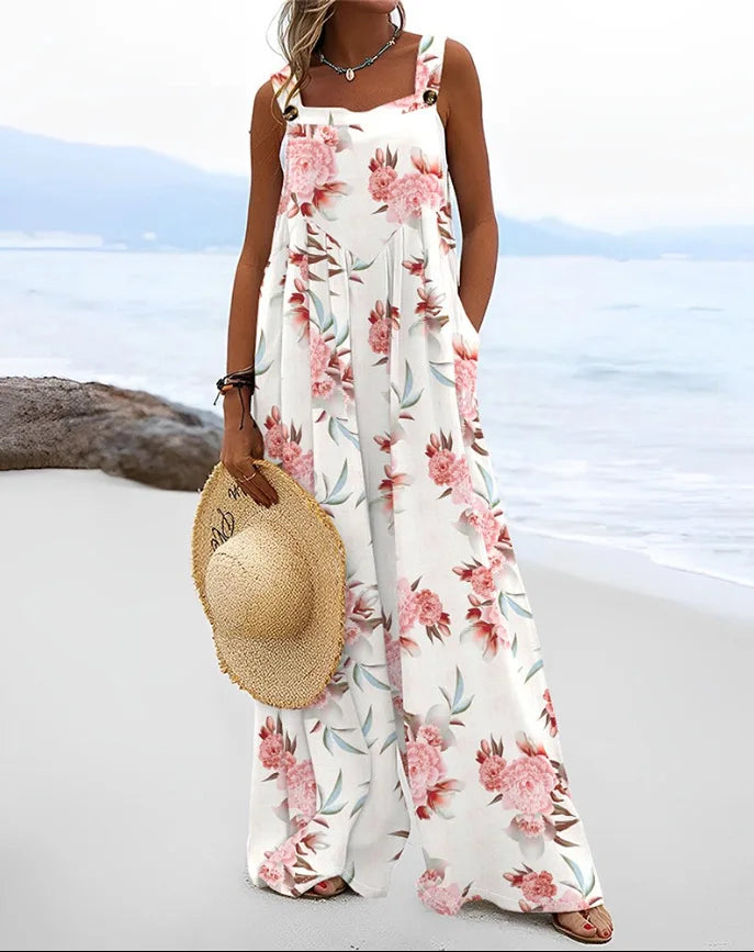2024 European and American women's summer new digital printed jumpsuit with fashionable ethnic style buttons