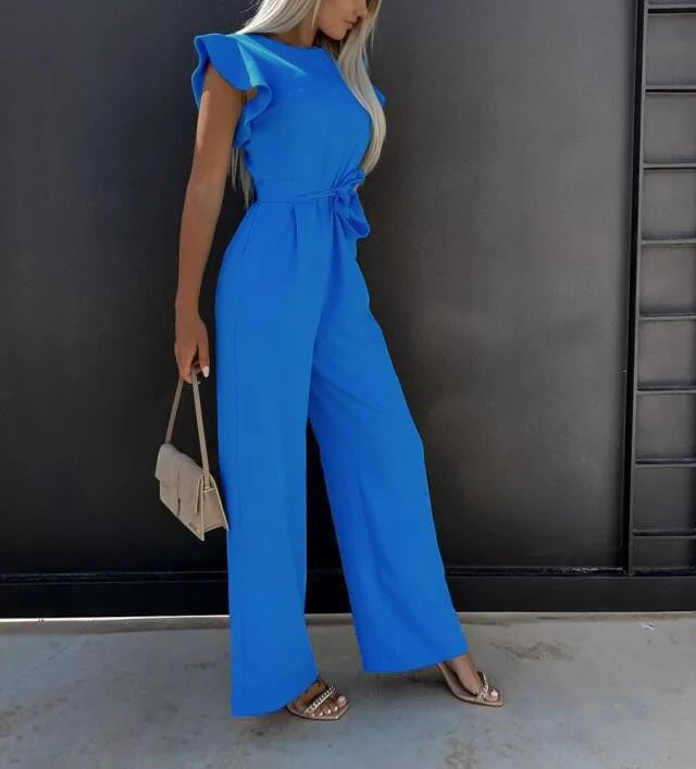 Jumpsuit with lace up high waist elegant women's solid color straight tube fashionable ruffle edge sleeves dating jumpsuit