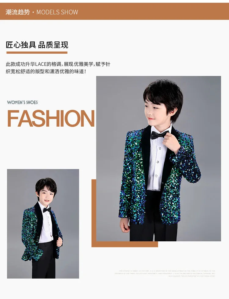 Men Prom Suit Child Solid Discoloration Sequins Gown Boy Catwalk Piano Performance Little Host Suit Perform Suits