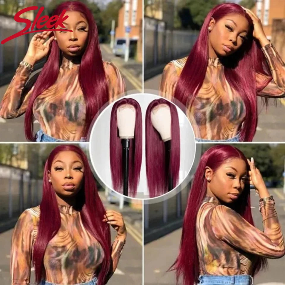 Sleek Colored Lace Human Hair Wigs For Women 99j Burgundy Red Colored Brazilian Hair Wigs 26 Inch Long T Part Lace Woman Wigs