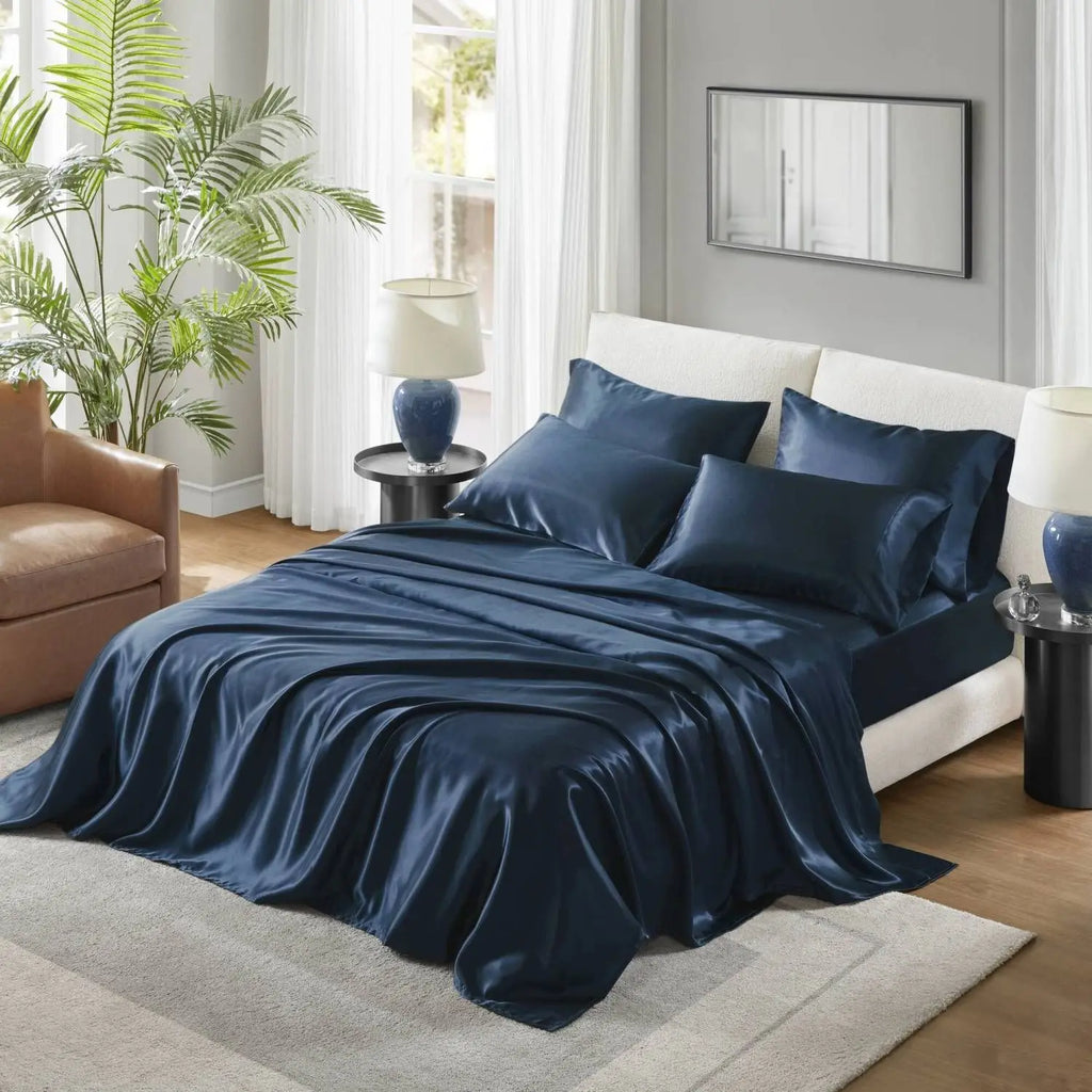 Cal King Satin Sheet Set 4 Pcs Luxury Bedding Solid Color Modern Style Machine Washable Bedroom Use