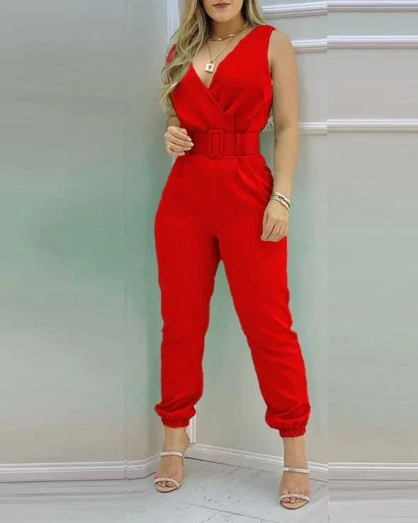 Summer Women Jumpsuits Elegant Office Lady Sexy V-neck Sleeveless Print Jumpsuits New Fashion With Belt Vest Playsuit Streetwear