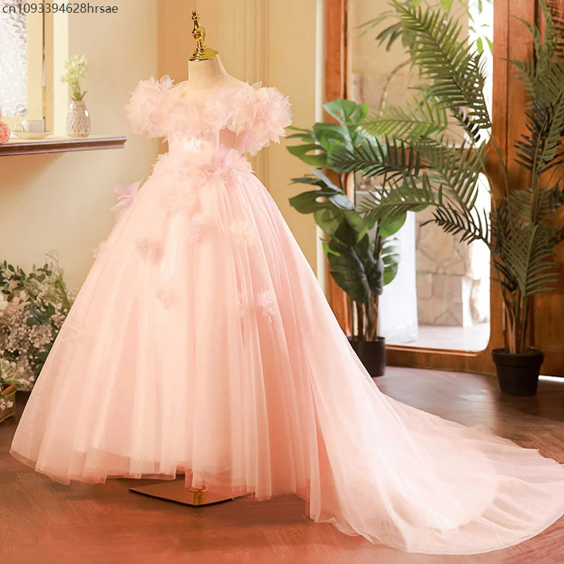 Wedding Flower Girl Dresses Pink Vestido Children Pageant Dresses Costume Princess Gown Host Piano Performance Outfit