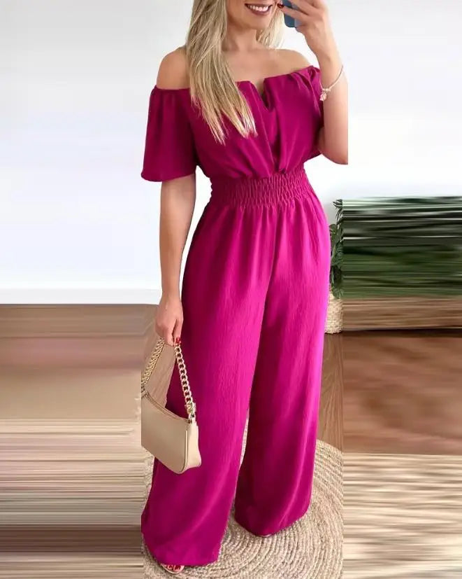 Jumpsuits for Women 2025 Spring Fashion Off Shoulder Casual Plain Short Sleeve Shirred Waist Daily Long Wide Leg Jumpsuit 2025
